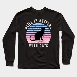 Life is better with cats pink retro sunset background Long Sleeve T-Shirt